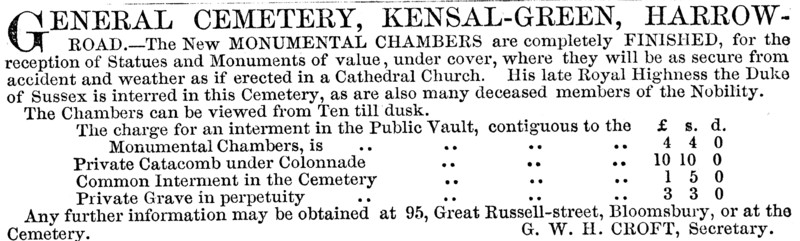 Table showing charges for internment in Kensal Green General Cemetary