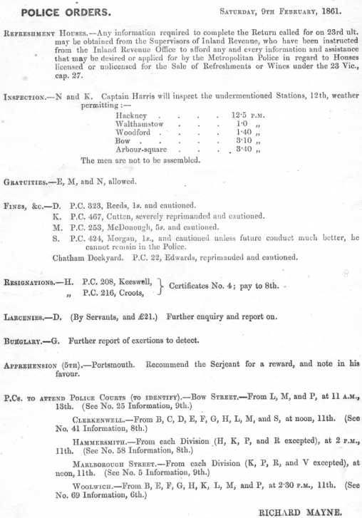 Metropolitan Police Daily Order for February 9th, 1861