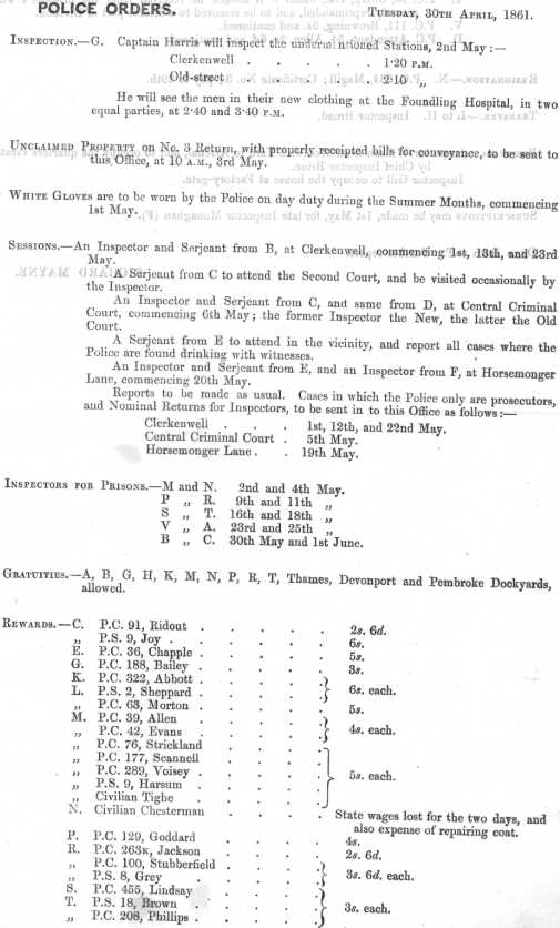 Metropolitan Police Daily Order for April 30th, 1861