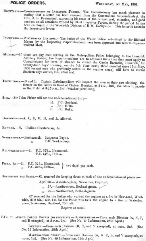 Metropolitan Police Daily Order for May 1st, 1861