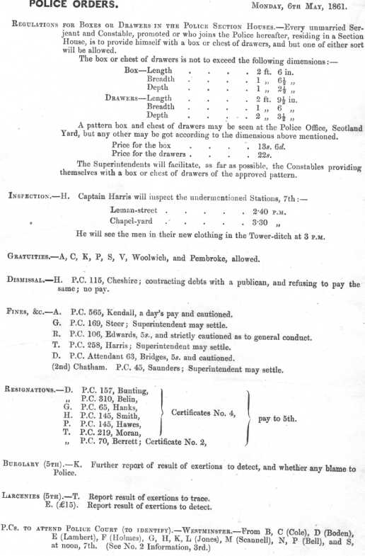 Metropolitan Police Daily Order for May 6th, 1861