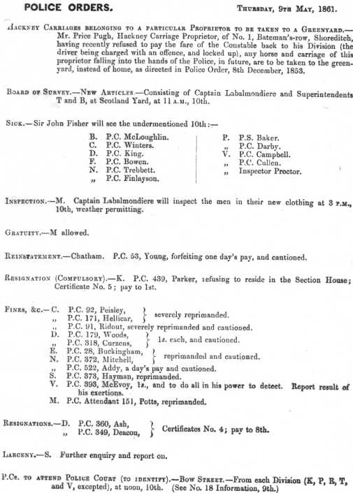 Metropolitan Police Daily Order for May 9th, 1861