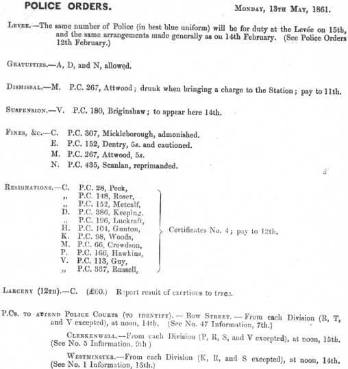 Metropolitan Police Daily Order for May 13th, 1861