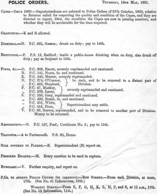 Metropolitan Police Daily Order for May 16th, 1861