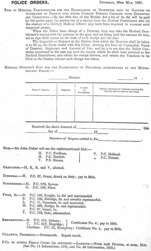 Metropolitan Police Daily Order for May 30th, 1861