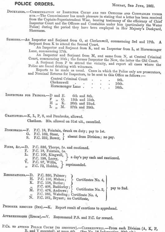 Metropolitan Police Daily Order for June 3rd, 1861