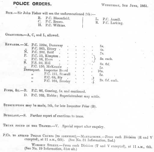 Metropolitan Police Daily Order for June 5th, 1861