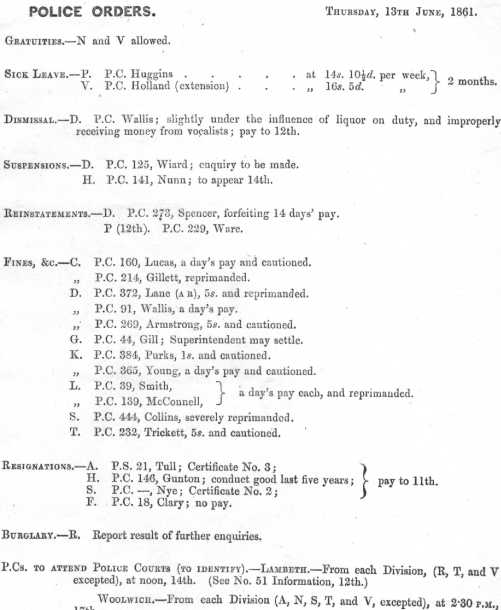 Metropolitan Police Daily Order for June 13th, 1861