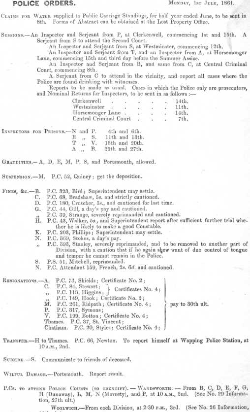 Metropolitan Police Daily Order for July 1st, 1861