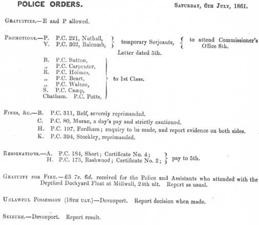 Metropolitan Police Daily Order for July 6th, 1861