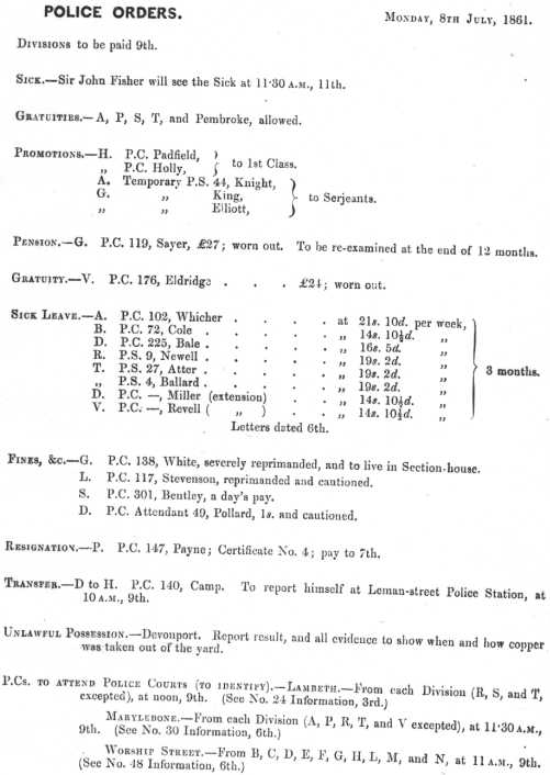 Metropolitan Police Daily Order for July 8th, 1861