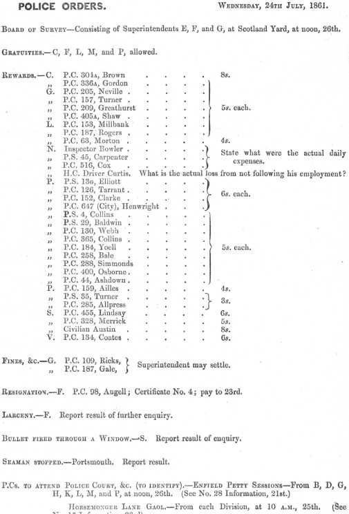 Metropolitan Police Daily Order for July 24th, 1861