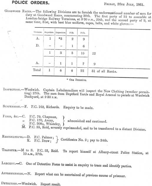 Metropolitan Police Daily Order for July 26th, 1861