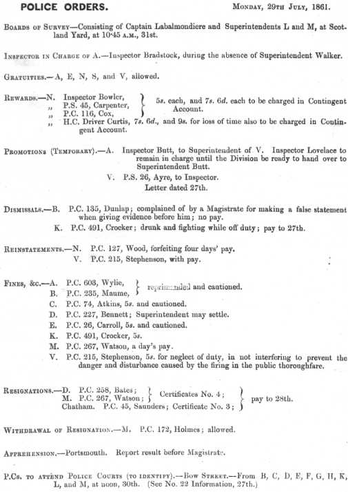 Metropolitan Police Daily Order for July 29th, 1861