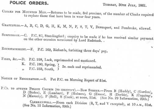 Metropolitan Police Daily Order for July 30th, 1861