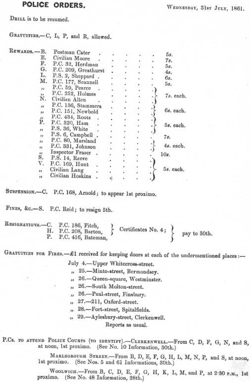 Metropolitan Police Daily Order for July 31st, 1861