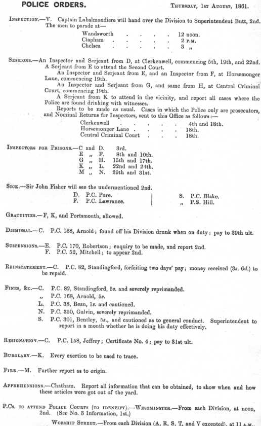 Metropolitan Police Daily Order for August 1st, 1861