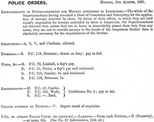 Metropolitan Police Daily Order for August 5th, 1861